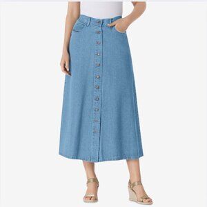 Woman Within Cotton Denim Button Front Midi Skirt 20W Elastic Waist Boho Modest